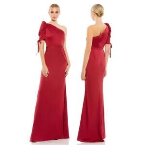 NWT Mac Duggal Red Satin One Shoulder Puff Sleeve Trumpet Gown Size 2